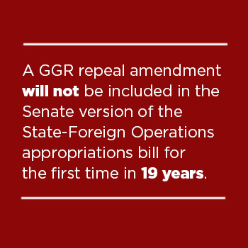 A GGR repeal amendment will not be included in the Senate version of the State-Foreign Operations appropriations bill for the first time in 19 years.